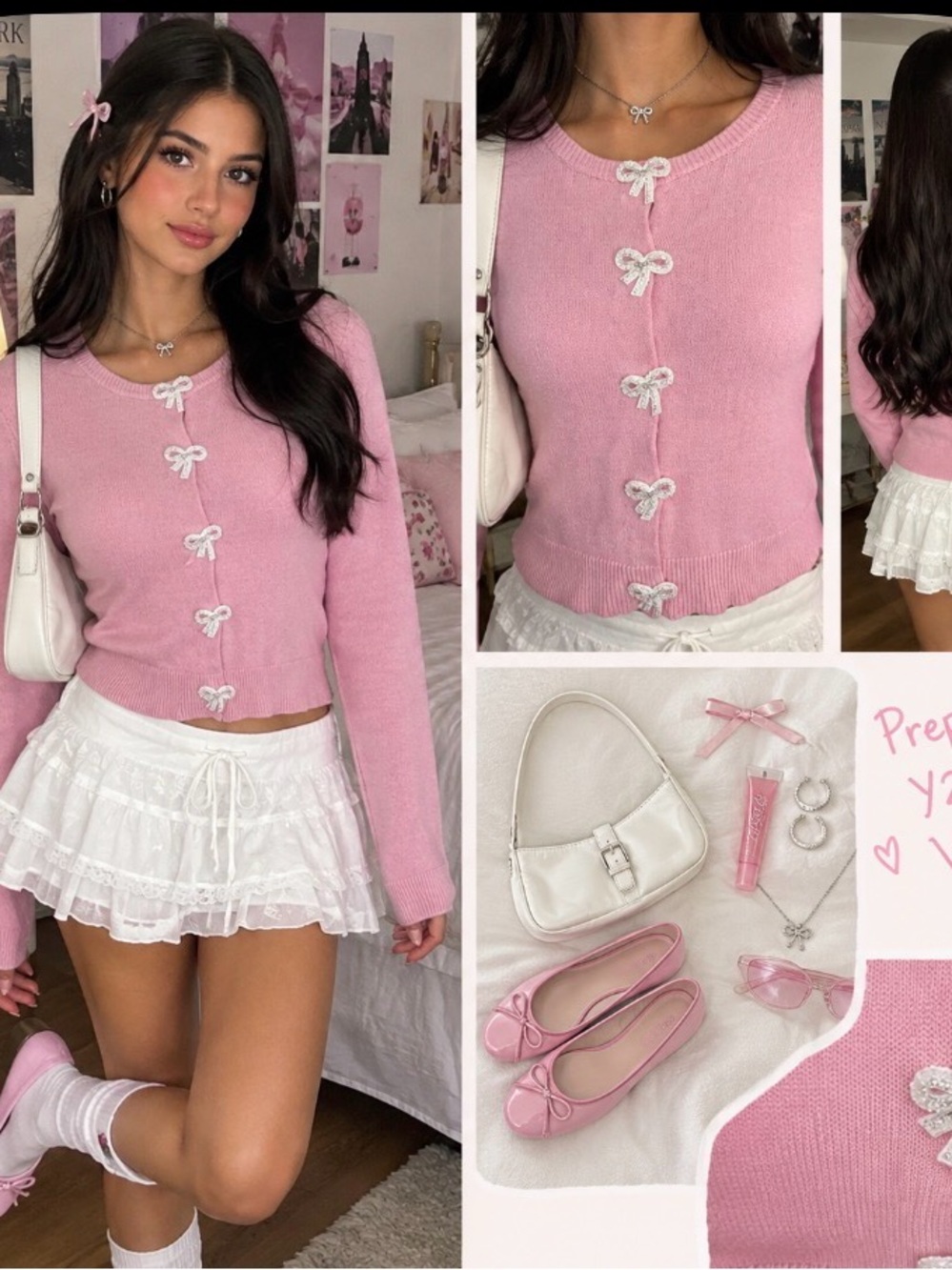Y2K preppy Adrienne Vittadini Pink Bow-Embellished Crewneck Cardigan